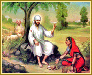 Here is an instance of a devotee's burning love for the master. Baijabai daily sought out Baba in the forest where he lived in the early days, in order to bring him food, which she lovingly prepared for him. Baba raises his hand in a gesture of blessing......